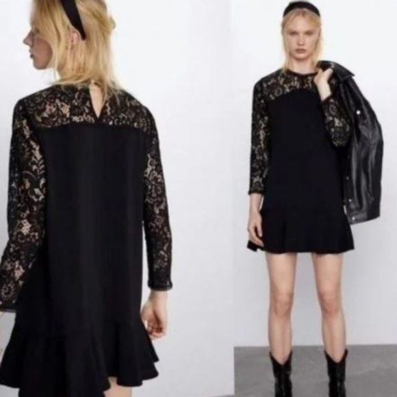 Zara Dresses & Skirts - Zara Lace Long Sleeve Black Mini Dress, Ruffled Bottom, Size M